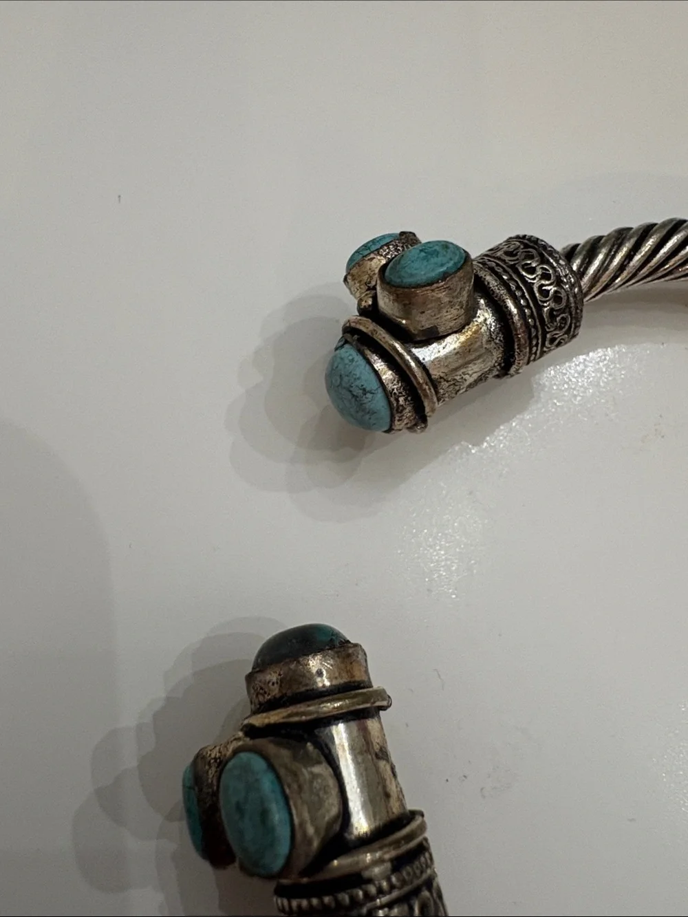 Vintage Tribal Silver Plated Cable Cuff Bracelets-2 Bangle Torque w/ Turquoise